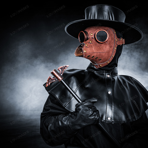 Plague Doctor with Bird Beak Mask & Flat Hat Full Costume Set - Brown